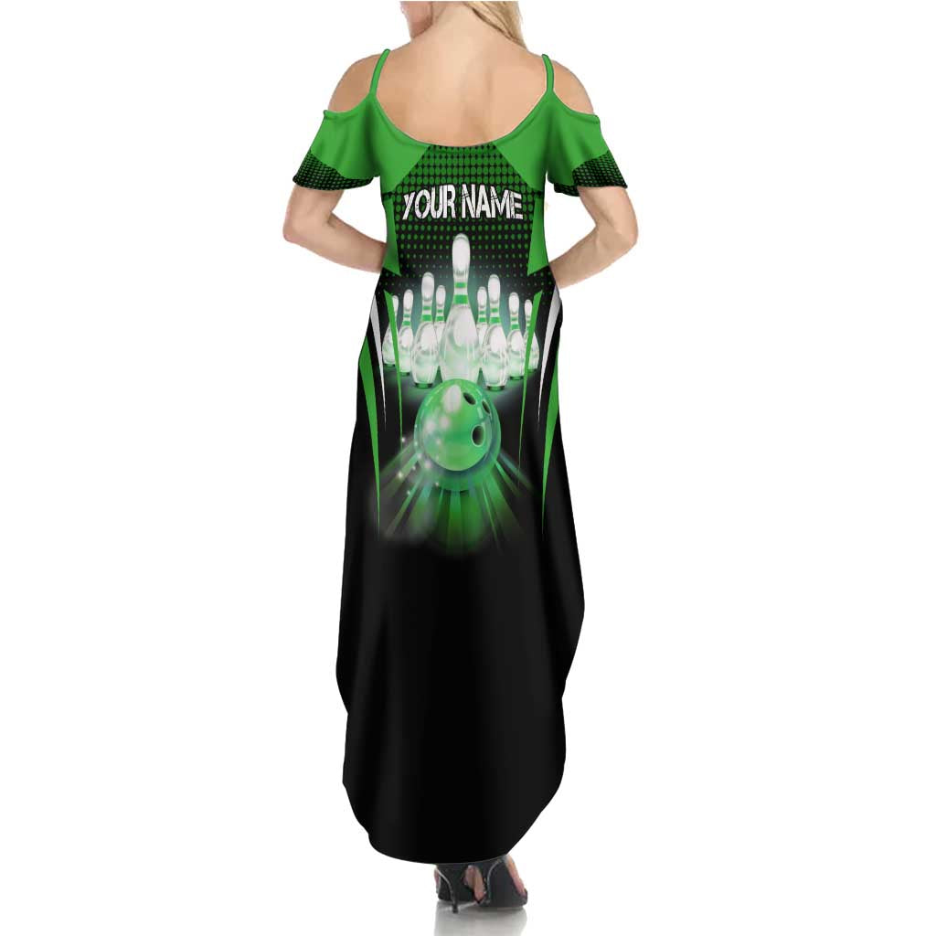 Bowling Team Design Family Matching Summer Maxi Dress and Hawaiian Shirt Green Strike Graphic and Custom Name Shield Accent - Wonder Print Shop