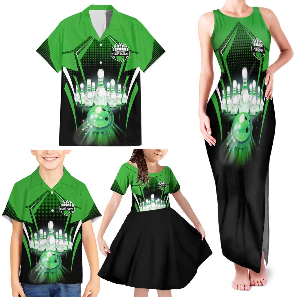 Bowling Team Design Family Matching Tank Maxi Dress and Hawaiian Shirt Green Strike Graphic and Custom Name Shield Accent - Wonder Print Shop