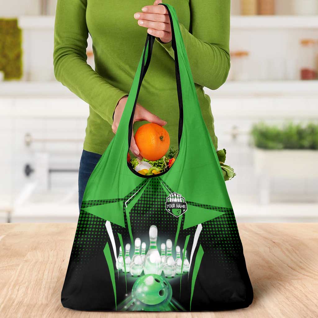 Bowling Team Design Grocery Bag Green Strike Graphic and Custom Name Shield Accent - Wonder Print Shop