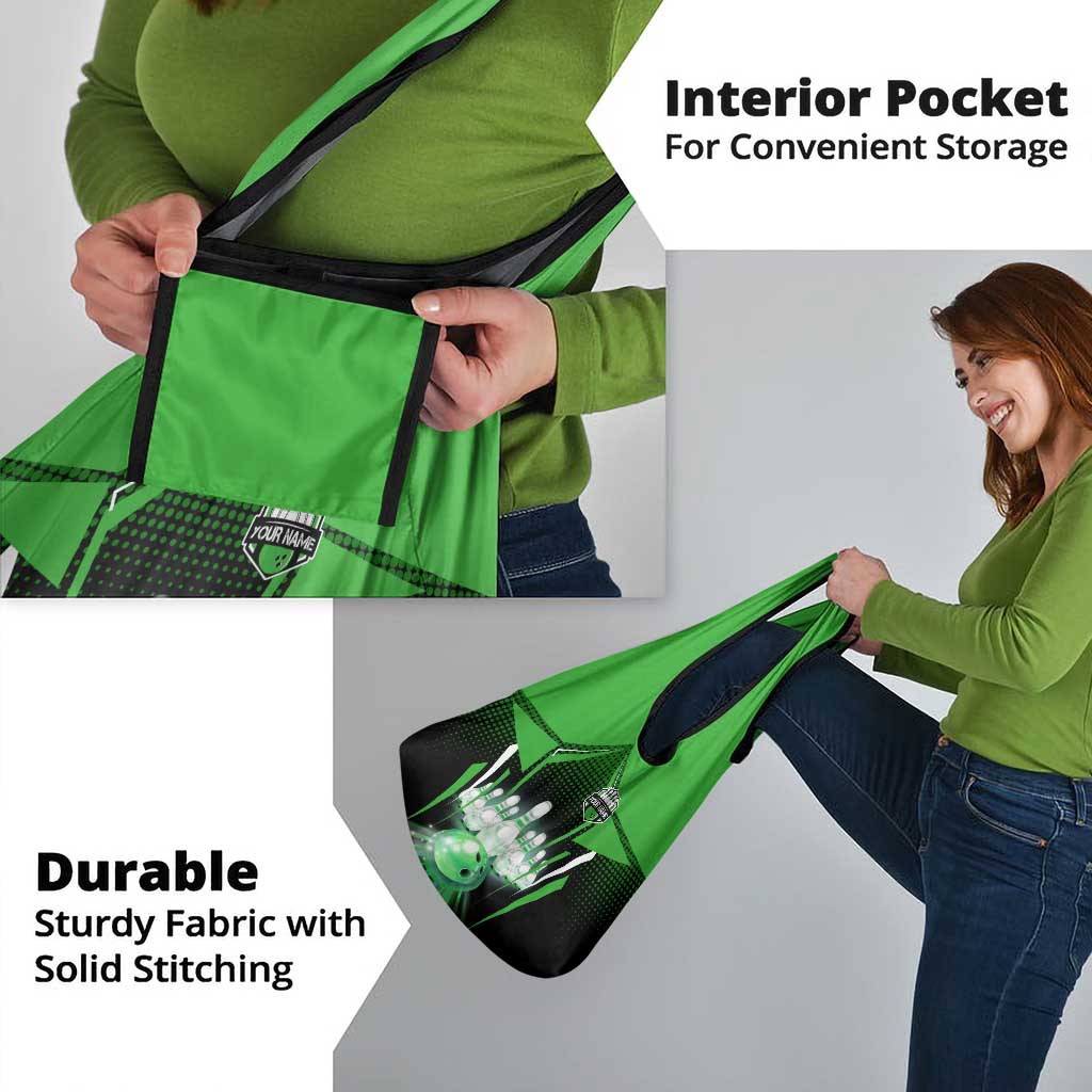 Bowling Team Design Grocery Bag Green Strike Graphic and Custom Name Shield Accent - Wonder Print Shop