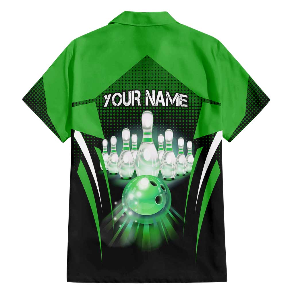 Bowling Team Design Hawaiian Shirt Green Strike Graphic and Custom Name Shield Accent - Wonder Print Shop