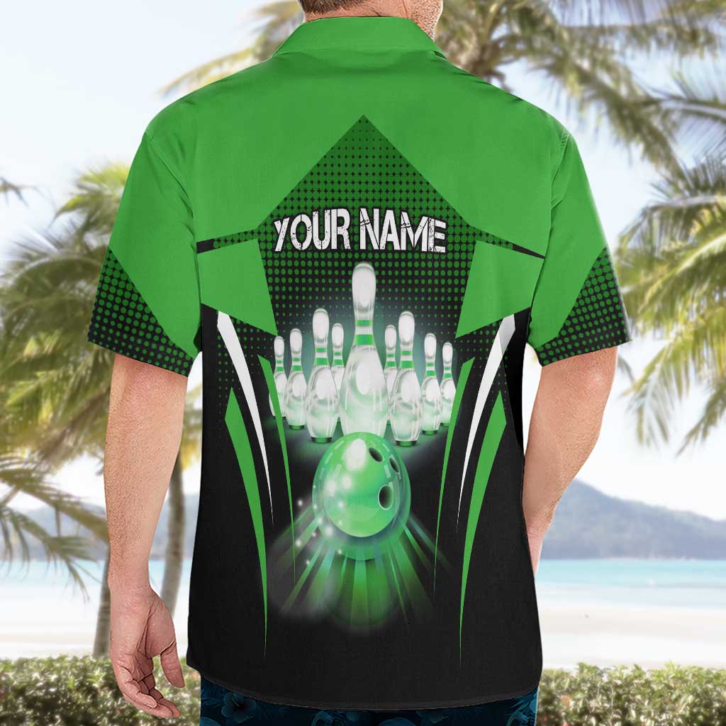 Bowling Team Design Hawaiian Shirt Green Strike Graphic and Custom Name Shield Accent - Wonder Print Shop