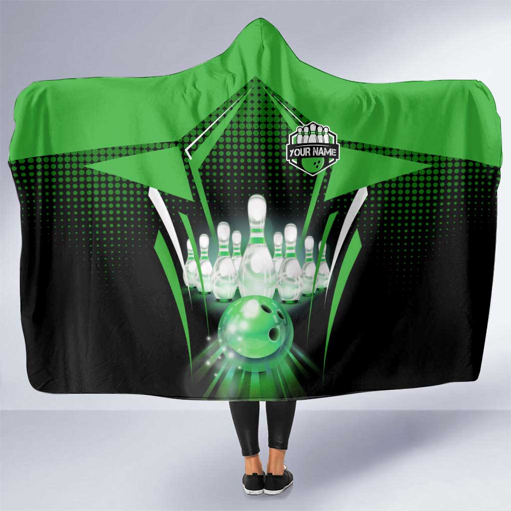 Bowling Team Design Hooded Blanket Green Strike Graphic and Custom Name Shield Accent - Wonder Print Shop