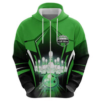 Bowling Team Design Hoodie Green Strike Graphic and Custom Name Shield Accent - Wonder Print Shop