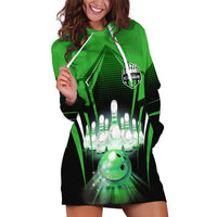 Bowling Team Design Hoodie Dress Green Strike Graphic and Custom Name Shield Accent - Wonder Print Shop
