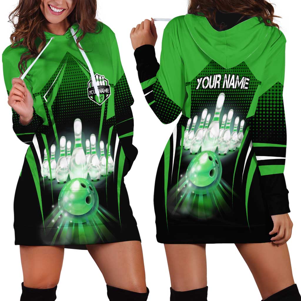 Bowling Team Design Hoodie Dress Green Strike Graphic and Custom Name Shield Accent - Wonder Print Shop