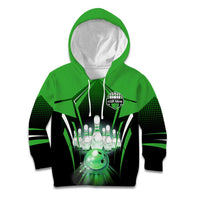 Bowling Team Design Kid Hoodie Green Strike Graphic and Custom Name Shield Accent - Wonder Print Shop