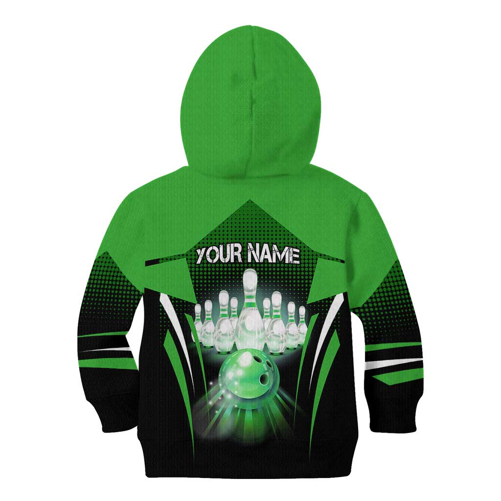 Bowling Team Design Kid Hoodie Green Strike Graphic and Custom Name Shield Accent - Wonder Print Shop