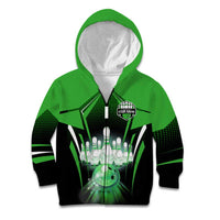 Bowling Team Design Kid Hoodie Green Strike Graphic and Custom Name Shield Accent - Wonder Print Shop