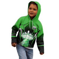 Bowling Team Design Kid Hoodie Green Strike Graphic and Custom Name Shield Accent - Wonder Print Shop