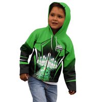 Bowling Team Design Kid Hoodie Green Strike Graphic and Custom Name Shield Accent - Wonder Print Shop