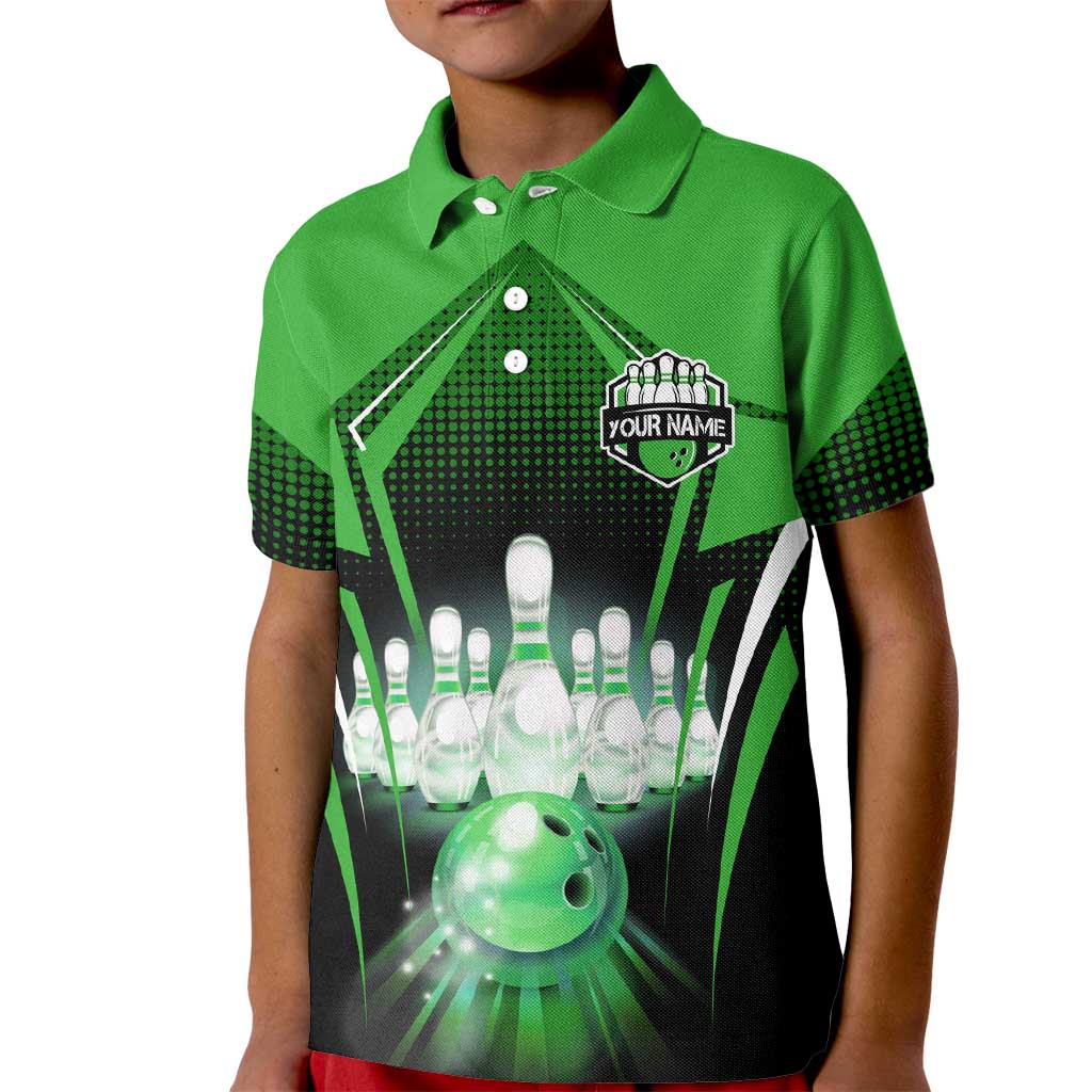 Bowling Team Design Kid Polo Shirt Green Strike Graphic and Custom Name Shield Accent - Wonder Print Shop