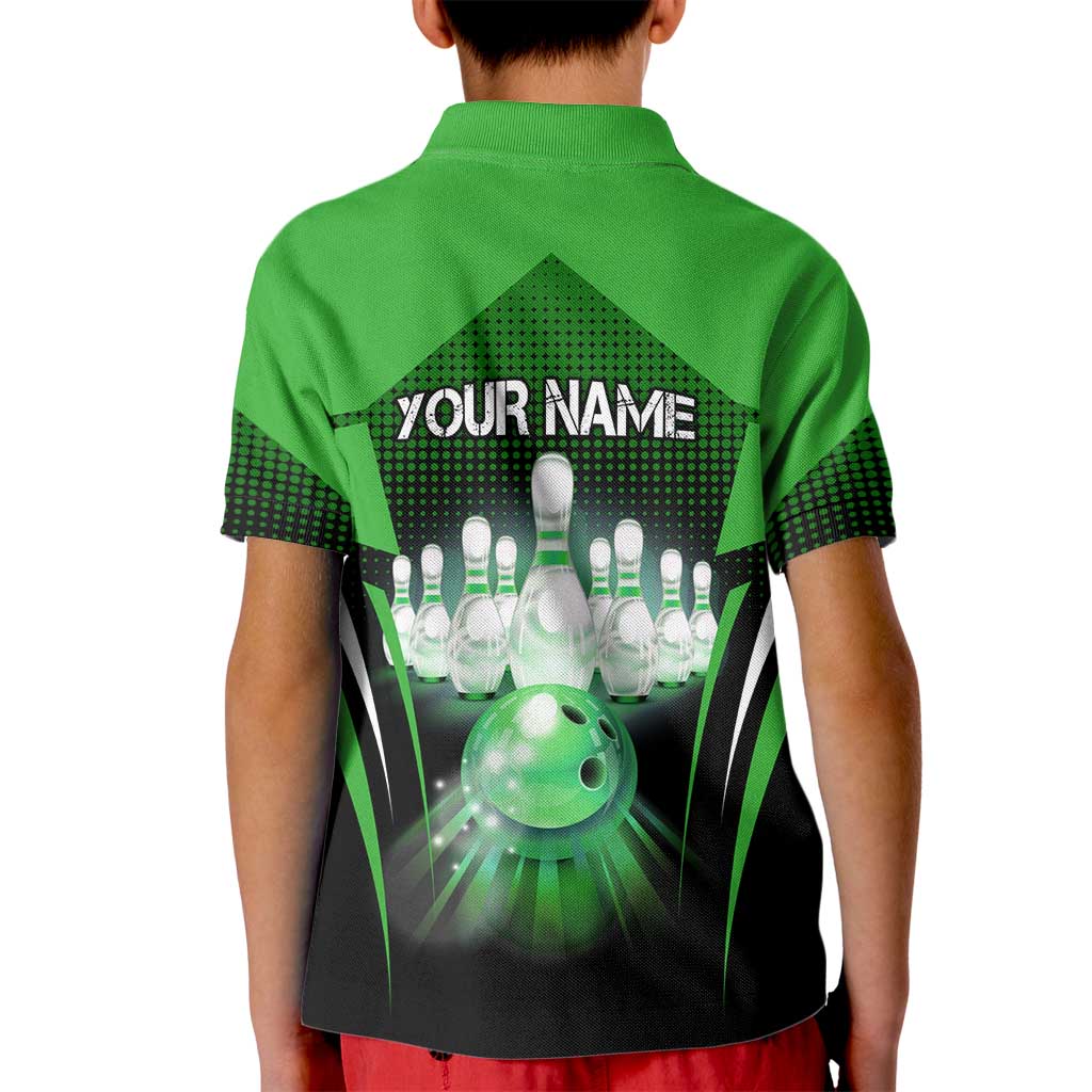 Bowling Team Design Kid Polo Shirt Green Strike Graphic and Custom Name Shield Accent - Wonder Print Shop