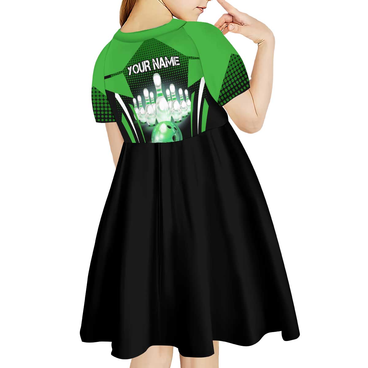 Bowling Team Design Kid Short Sleeve Dress Green Strike Graphic and Custom Name Shield Accent - Wonder Print Shop