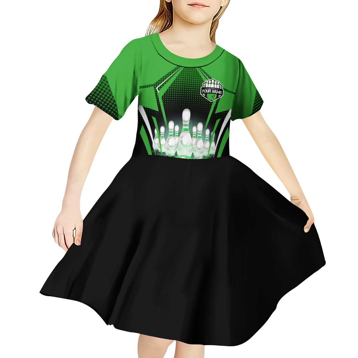 Bowling Team Design Kid Short Sleeve Dress Green Strike Graphic and Custom Name Shield Accent - Wonder Print Shop