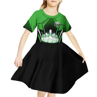 Bowling Team Design Kid Short Sleeve Dress Green Strike Graphic and Custom Name Shield Accent - Wonder Print Shop