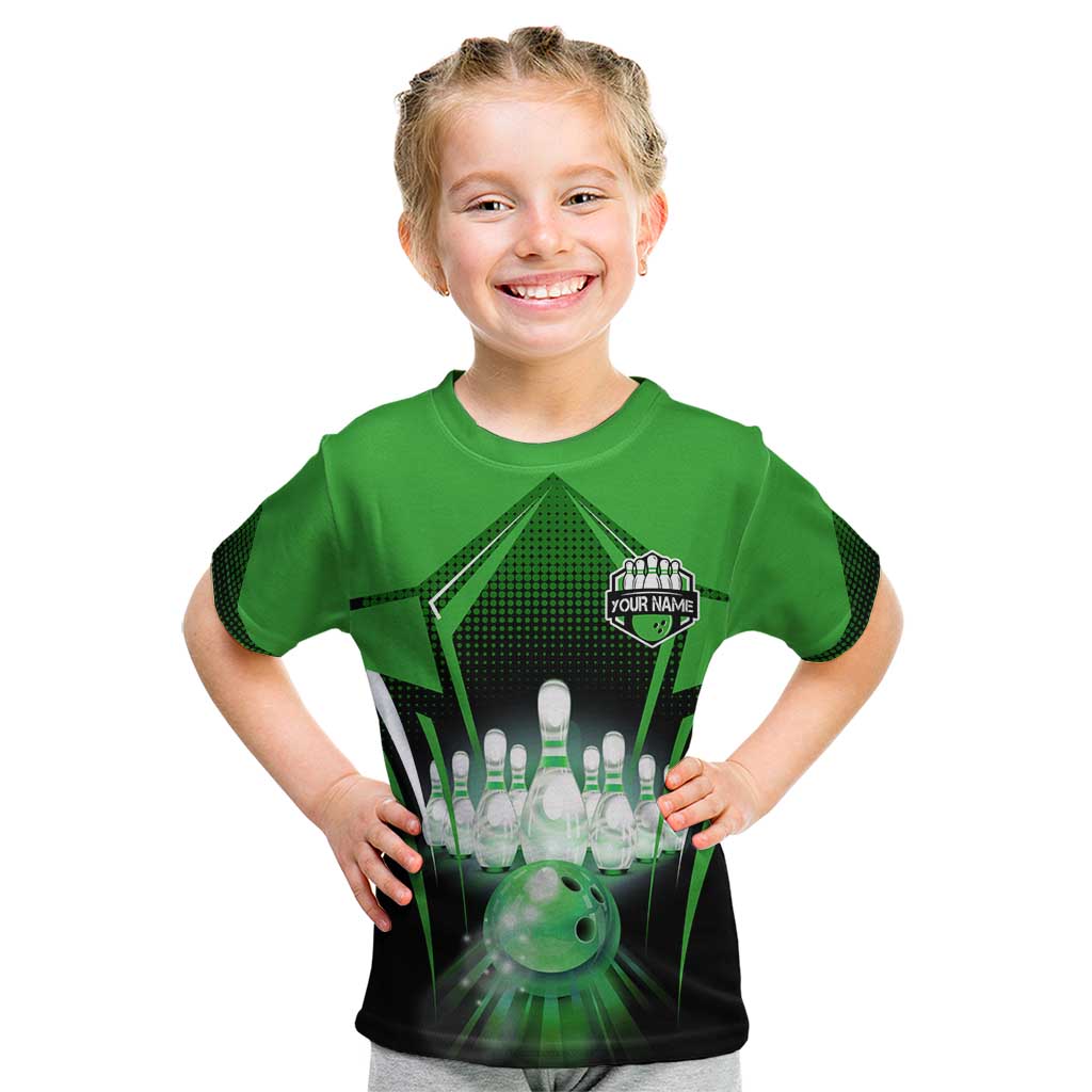 Bowling Team Design Kid T Shirt Green Strike Graphic and Custom Name Shield Accent - Wonder Print Shop