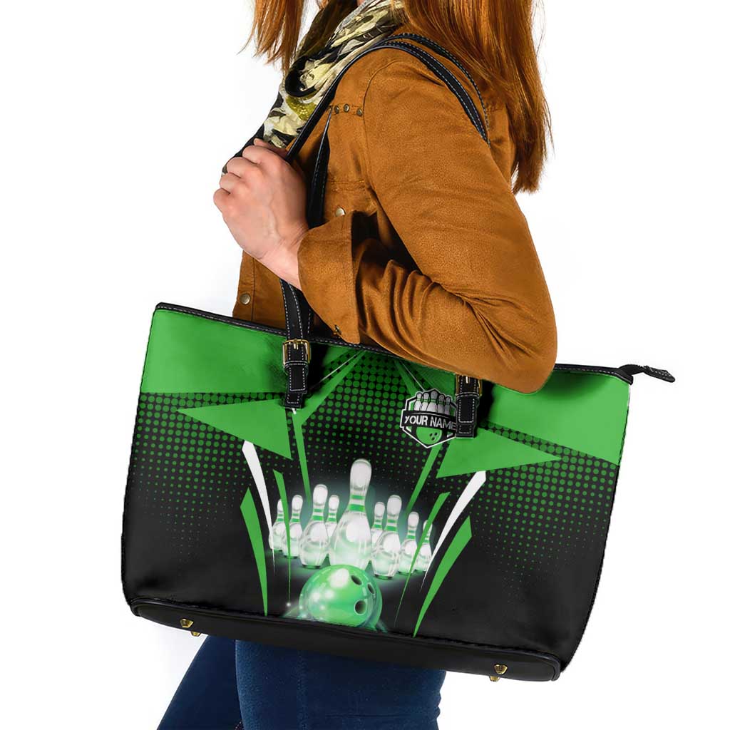 Bowling Team Design Leather Tote Bag Green Strike Graphic and Custom Name Shield Accent - Wonder Print Shop