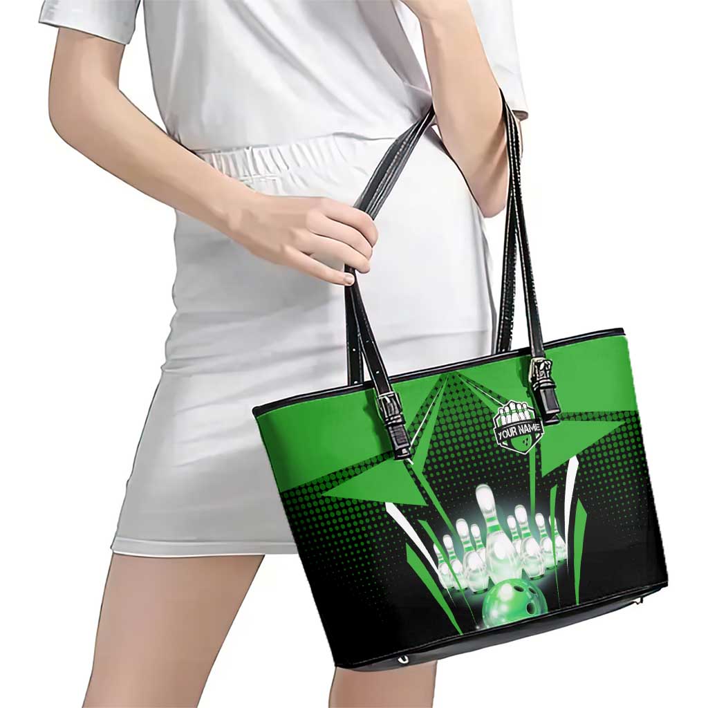 Bowling Team Design Leather Tote Bag Green Strike Graphic and Custom Name Shield Accent - Wonder Print Shop
