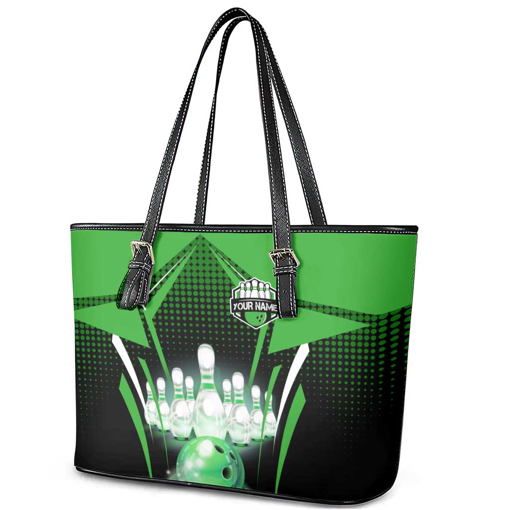 Bowling Team Design Leather Tote Bag Green Strike Graphic and Custom Name Shield Accent - Wonder Print Shop
