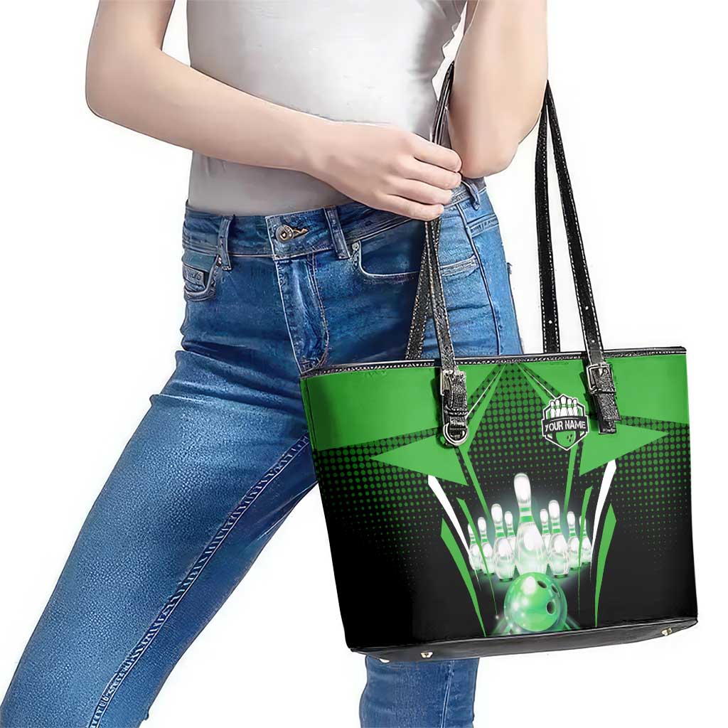 Bowling Team Design Leather Tote Bag Green Strike Graphic and Custom Name Shield Accent - Wonder Print Shop