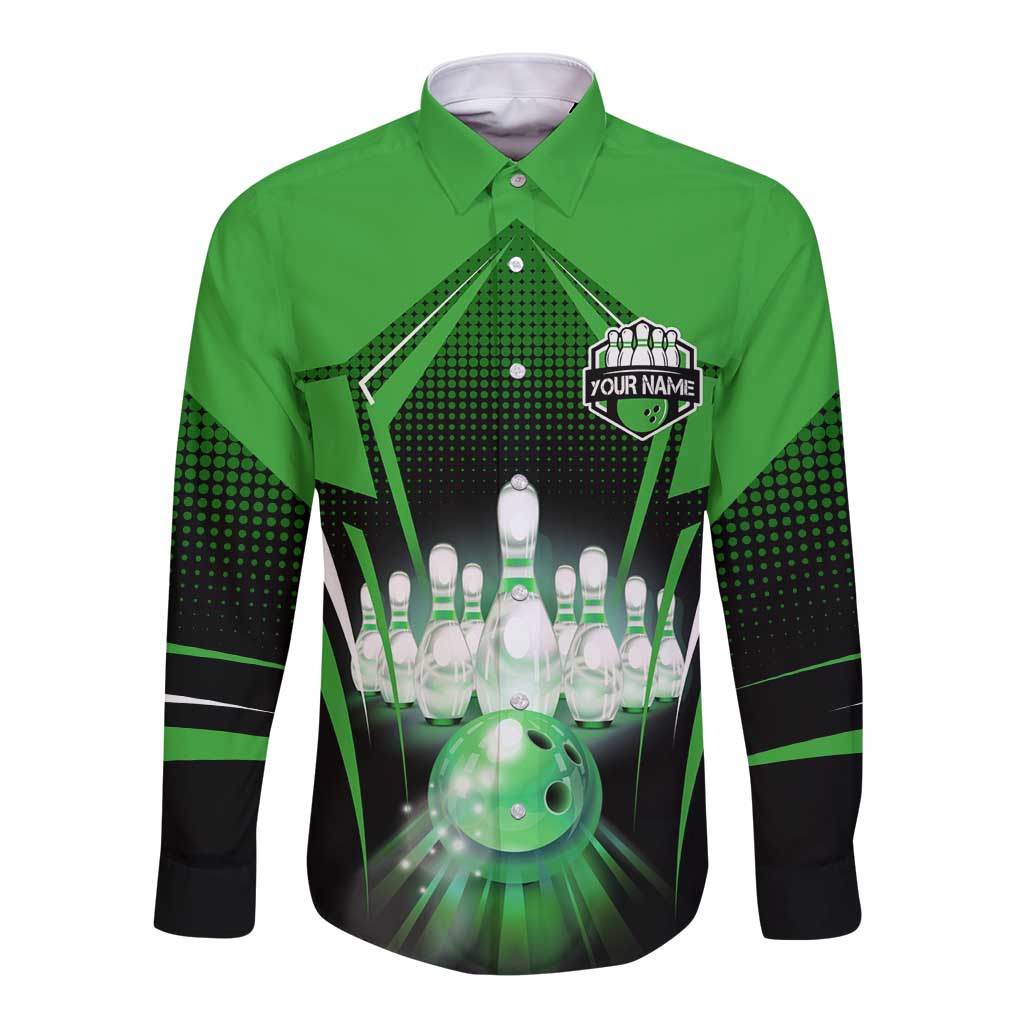 Bowling Team Design Long Sleeve Button Shirt Green Strike Graphic and Custom Name Shield Accent - Wonder Print Shop
