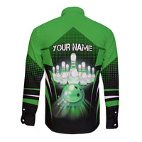 Bowling Team Design Long Sleeve Button Shirt Green Strike Graphic and Custom Name Shield Accent - Wonder Print Shop