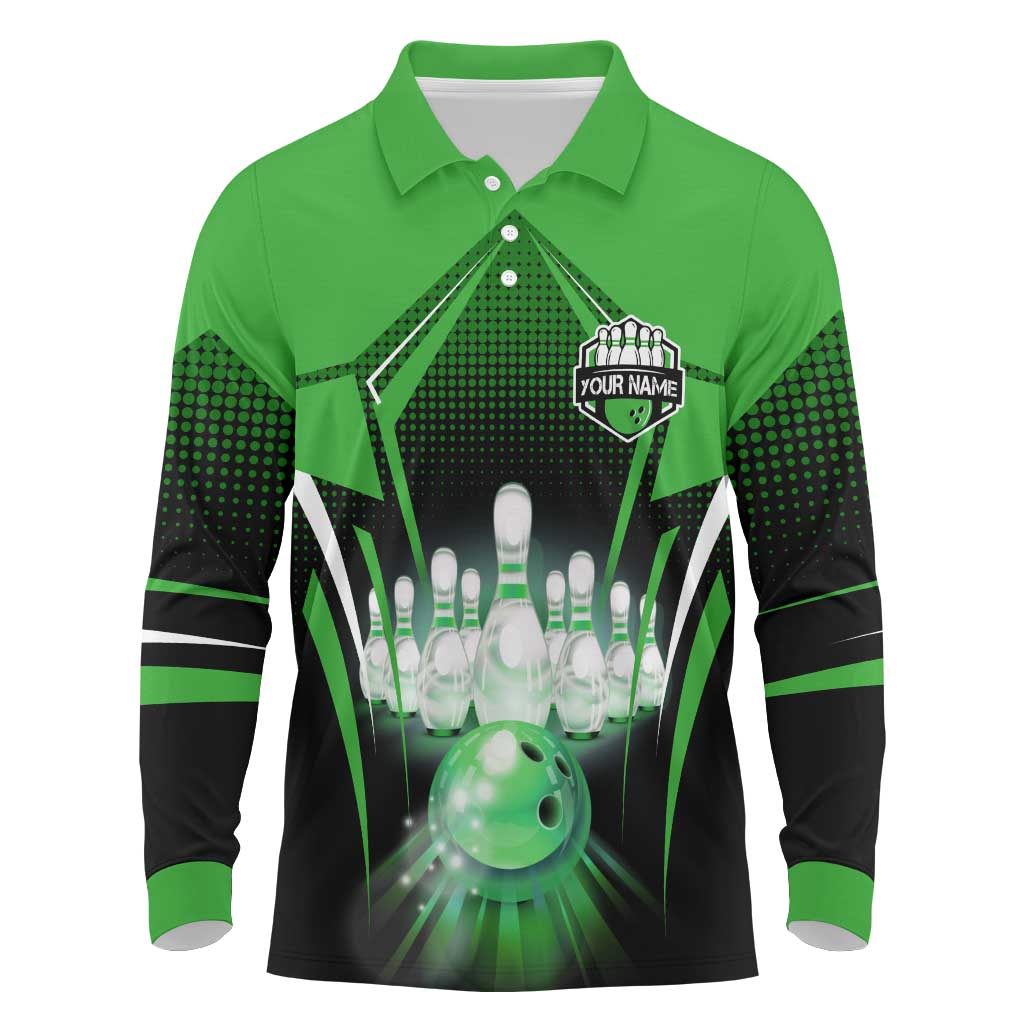 Bowling Team Design Long Sleeve Polo Shirt Green Strike Graphic and Custom Name Shield Accent - Wonder Print Shop