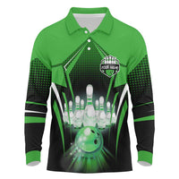 Bowling Team Design Long Sleeve Polo Shirt Green Strike Graphic and Custom Name Shield Accent - Wonder Print Shop