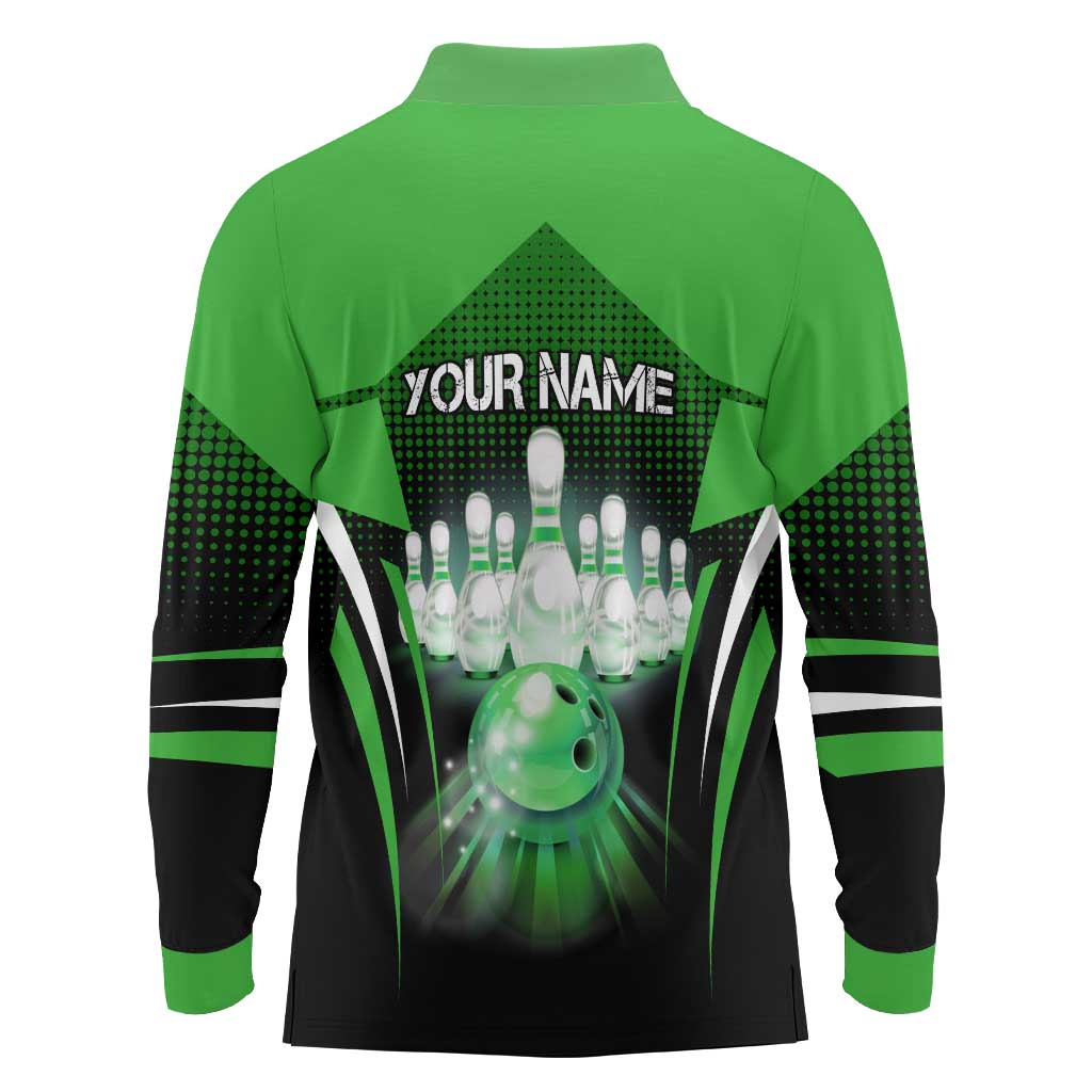 Bowling Team Design Long Sleeve Polo Shirt Green Strike Graphic and Custom Name Shield Accent - Wonder Print Shop