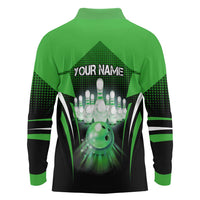 Bowling Team Design Long Sleeve Polo Shirt Green Strike Graphic and Custom Name Shield Accent - Wonder Print Shop
