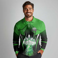 Bowling Team Design Long Sleeve Polo Shirt Green Strike Graphic and Custom Name Shield Accent - Wonder Print Shop