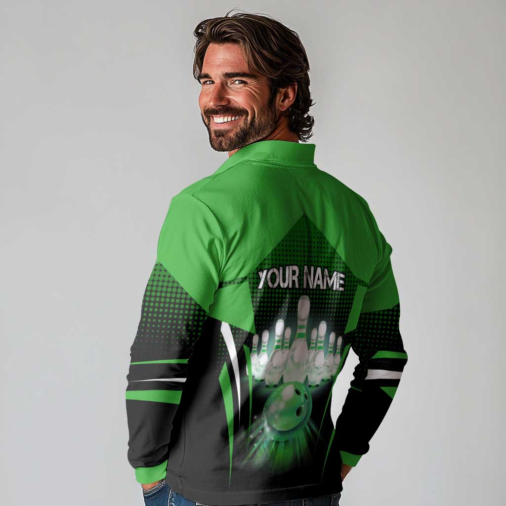 Bowling Team Design Long Sleeve Polo Shirt Green Strike Graphic and Custom Name Shield Accent - Wonder Print Shop