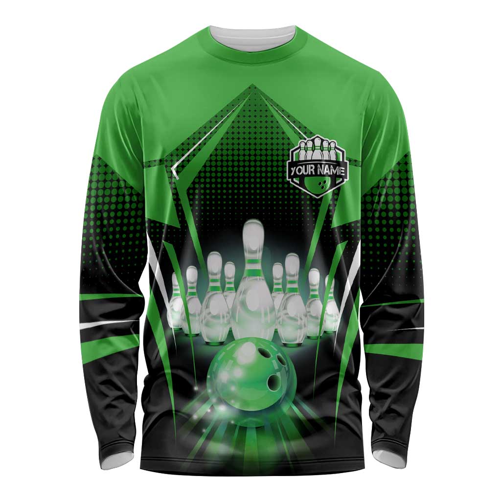 Bowling Team Design Long Sleeve Shirt Green Strike Graphic and Custom Name Shield Accent - Wonder Print Shop