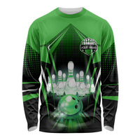 Bowling Team Design Long Sleeve Shirt Green Strike Graphic and Custom Name Shield Accent - Wonder Print Shop