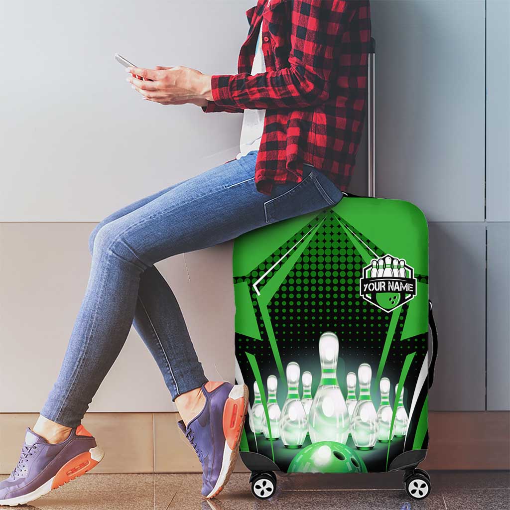 Bowling Team Design Luggage Cover Green Strike Graphic and Custom Name Shield Accent - Wonder Print Shop