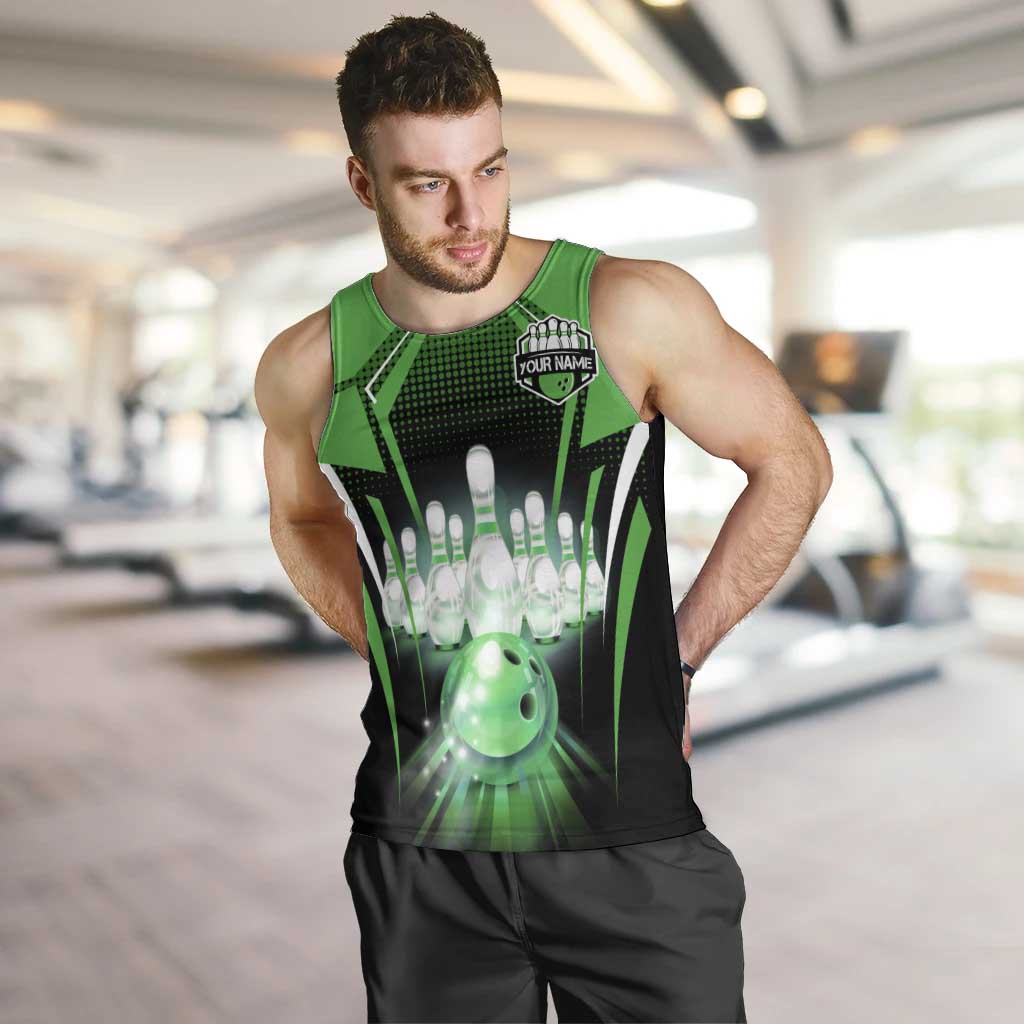 Bowling Team Design Men Tank Top Green Strike Graphic and Custom Name Shield Accent - Wonder Print Shop