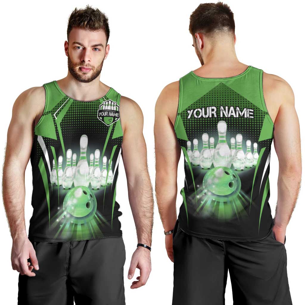 Bowling Team Design Men Tank Top Green Strike Graphic and Custom Name Shield Accent - Wonder Print Shop