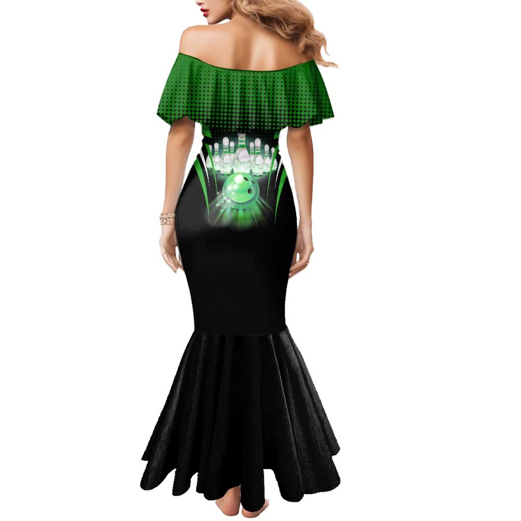 Bowling Team Design Mermaid Dress Green Strike Graphic and Custom Name Shield Accent - Wonder Print Shop
