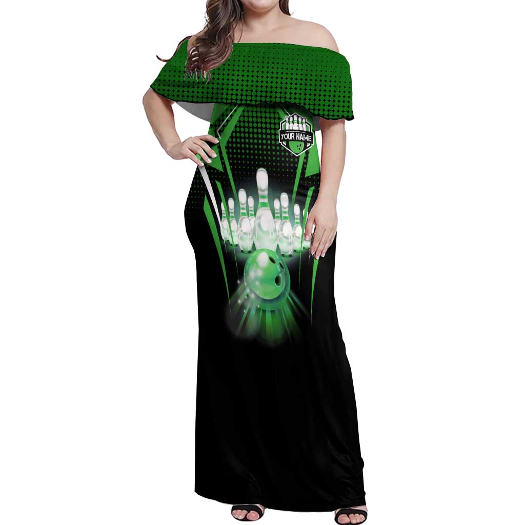 Bowling Team Design Off Shoulder Maxi Dress Green Strike Graphic and Custom Name Shield Accent - Wonder Print Shop