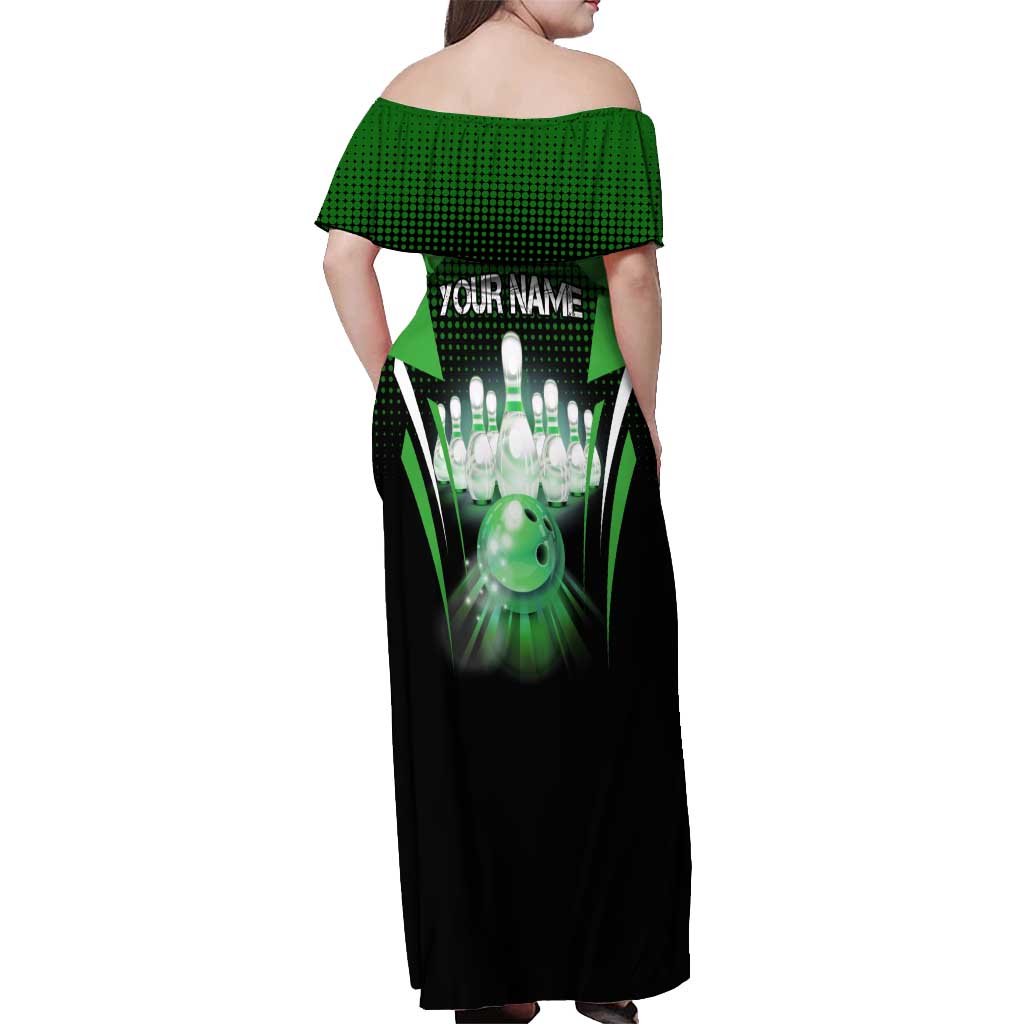 Bowling Team Design Off Shoulder Maxi Dress Green Strike Graphic and Custom Name Shield Accent - Wonder Print Shop
