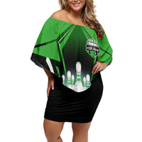 Bowling Team Design Off Shoulder Short Dress Green Strike Graphic and Custom Name Shield Accent - Wonder Print Shop