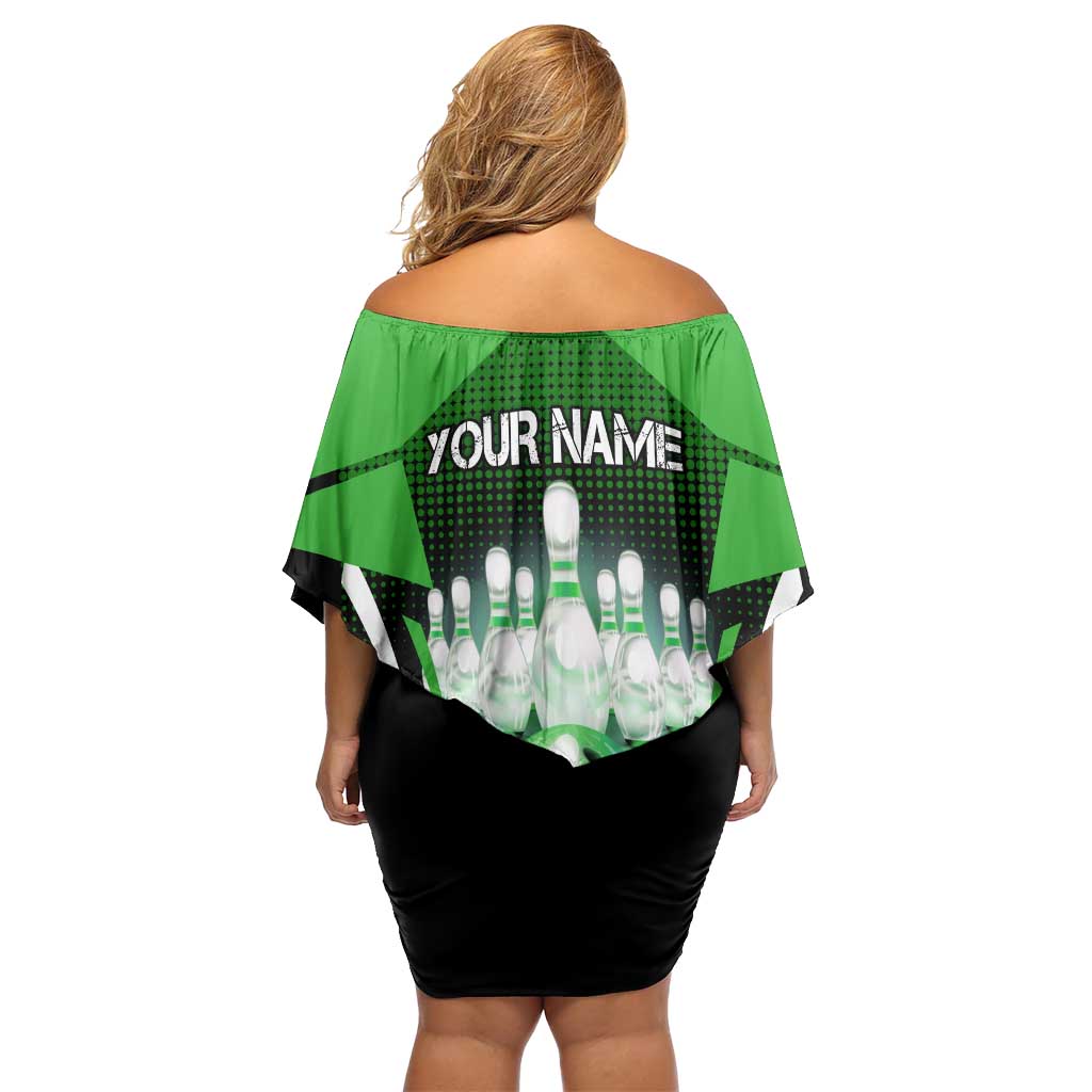 Bowling Team Design Off Shoulder Short Dress Green Strike Graphic and Custom Name Shield Accent - Wonder Print Shop