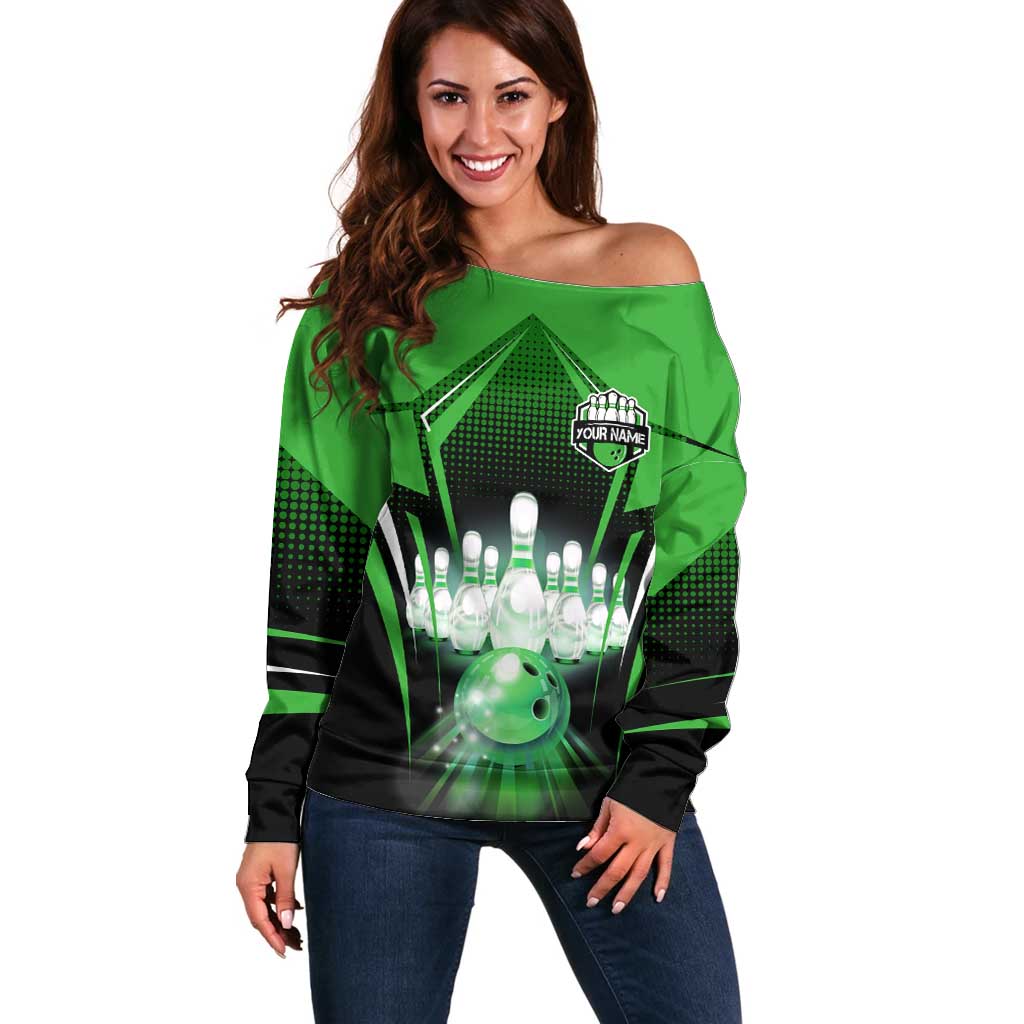 Bowling Team Design Off Shoulder Sweater Green Strike Graphic and Custom Name Shield Accent - Wonder Print Shop