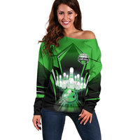 Bowling Team Design Off Shoulder Sweater Green Strike Graphic and Custom Name Shield Accent - Wonder Print Shop