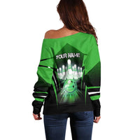 Bowling Team Design Off Shoulder Sweater Green Strike Graphic and Custom Name Shield Accent - Wonder Print Shop