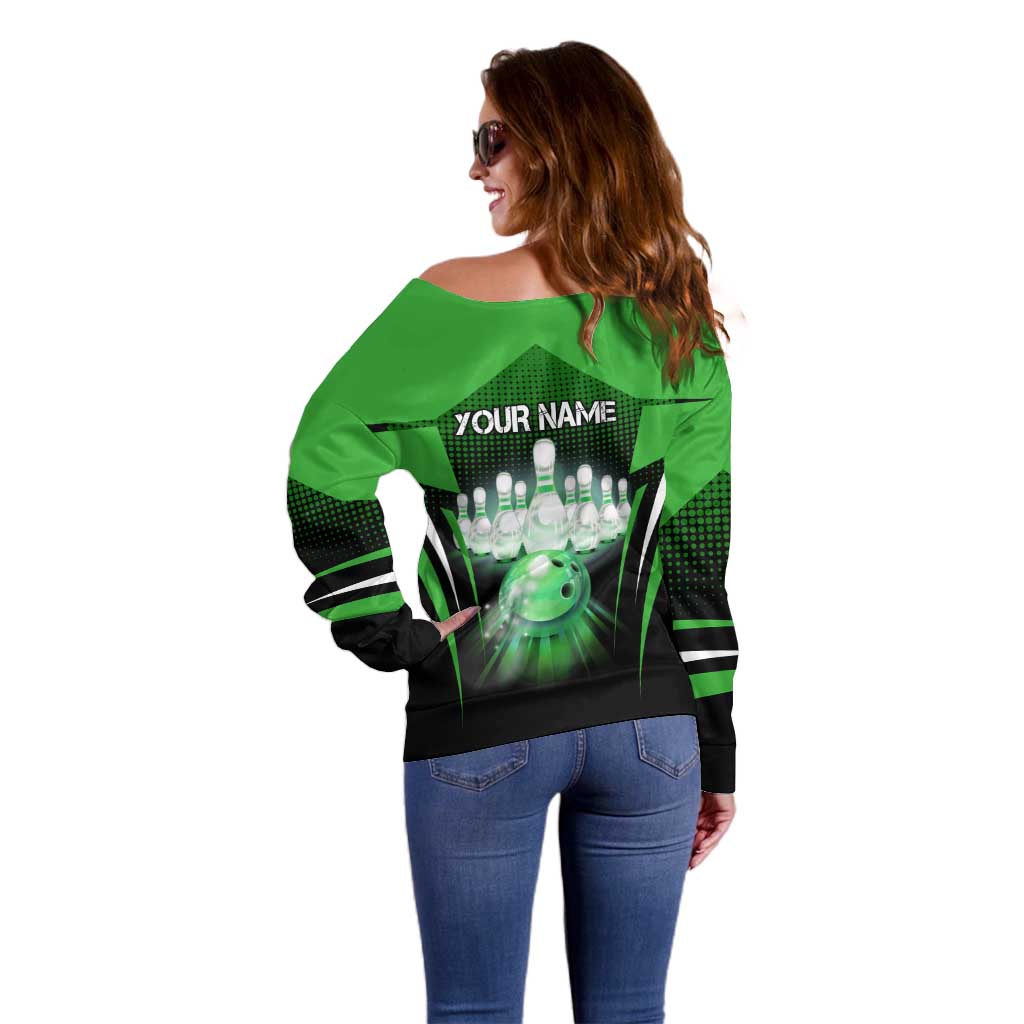 Bowling Team Design Off Shoulder Sweater Green Strike Graphic and Custom Name Shield Accent - Wonder Print Shop