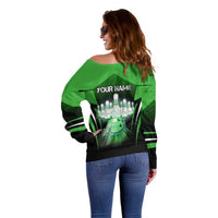 Bowling Team Design Off Shoulder Sweater Green Strike Graphic and Custom Name Shield Accent - Wonder Print Shop