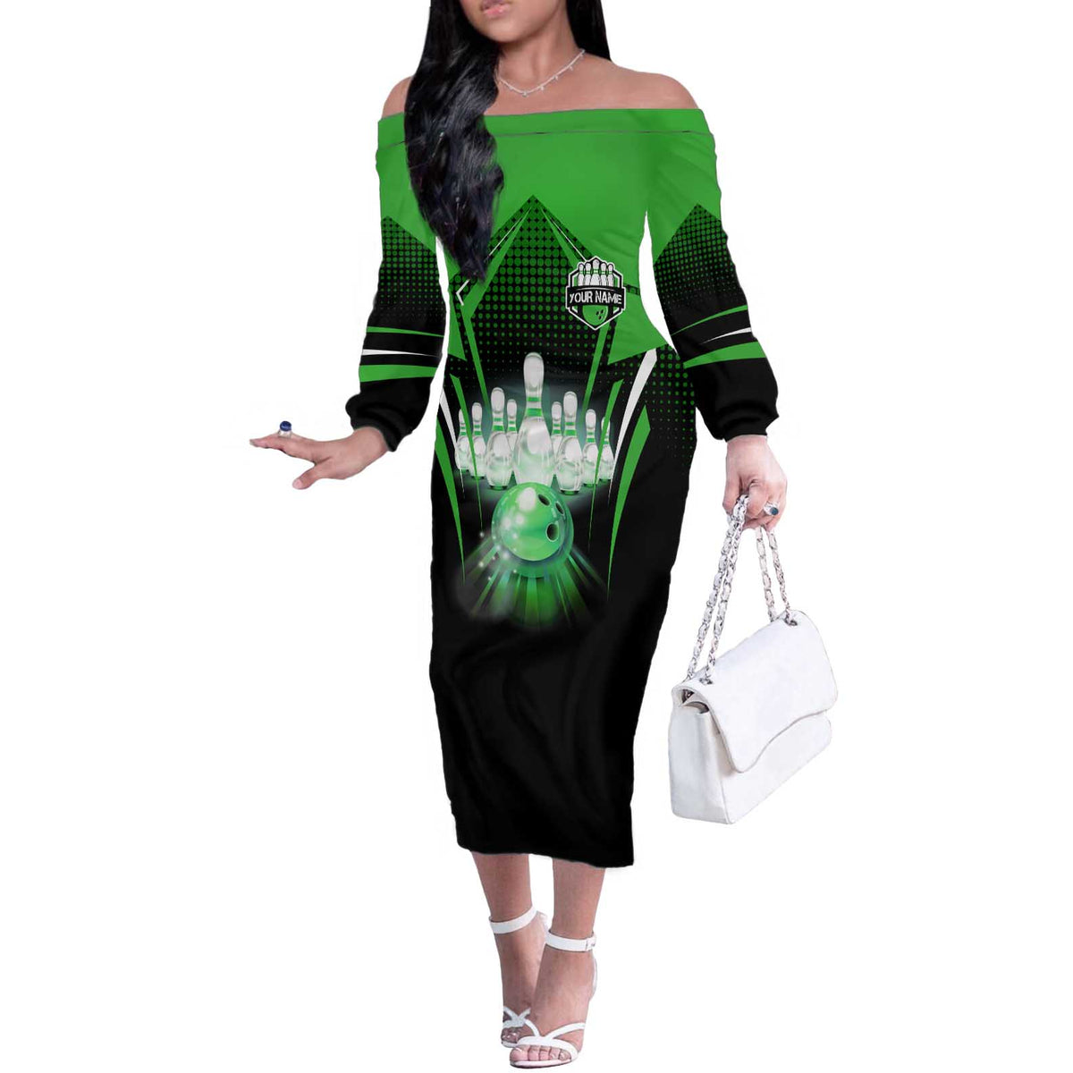 Bowling Team Design Off The Shoulder Long Sleeve Dress Green Strike Graphic and Custom Name Shield Accent - Wonder Print Shop