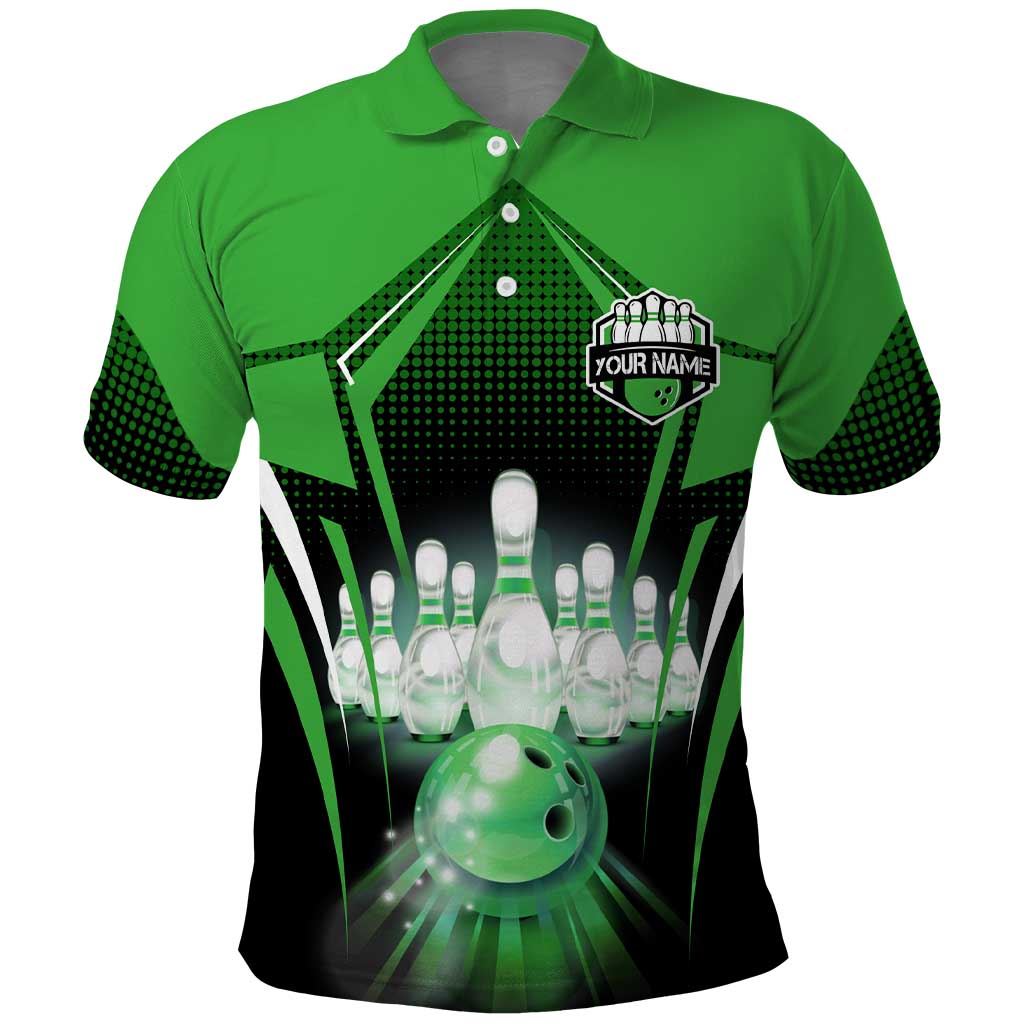 Bowling Team Design Polo Shirt Green Strike Graphic and Custom Name Shield Accent - Wonder Print Shop